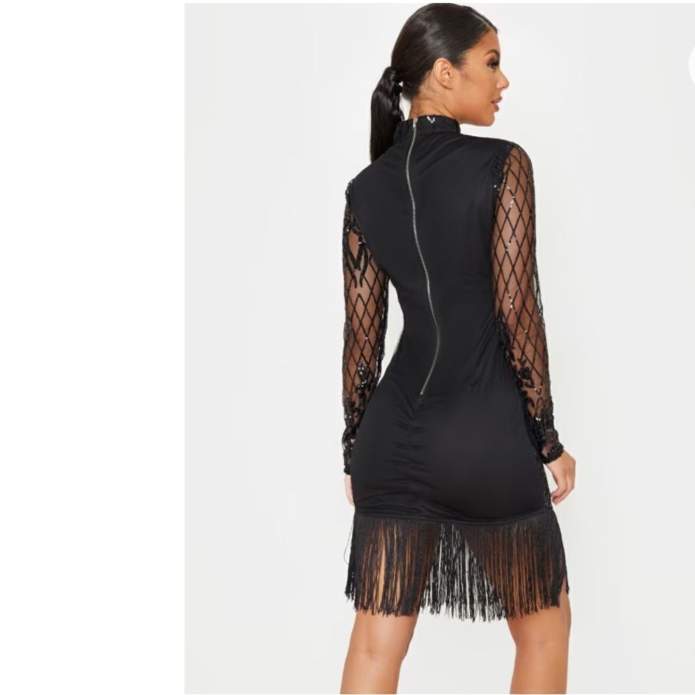 PrettyLittleThing Black Long Sleeve Sequin Tassel Hem Bodycon Dress Size 2 - Picture 6 of 8